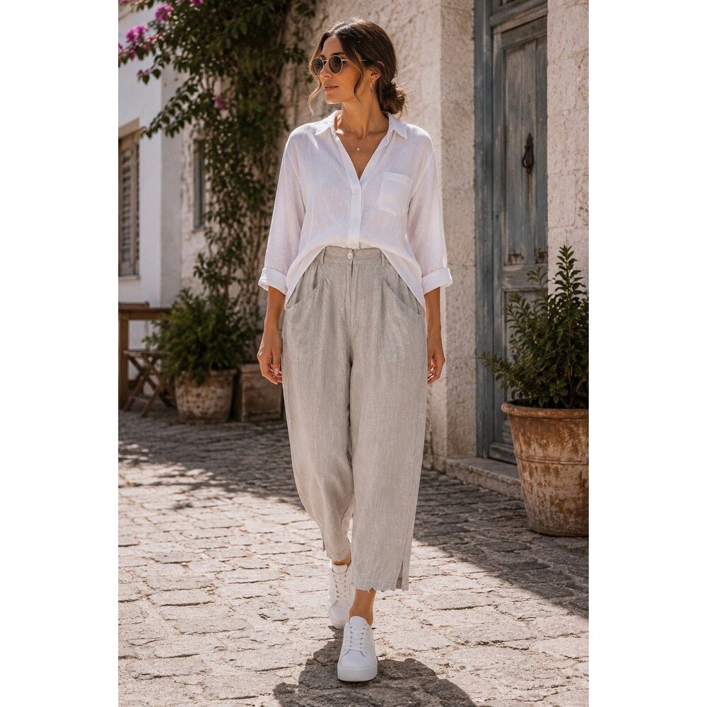Women’s Linen Blend  Ankle Pants Elastic Back Taupe Relaxed Fit 32X18